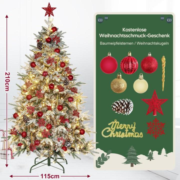 Kunstkerstboom met verlichting met sneeuw en stuk, kerstballen, kerstdecoratieset, metalen standaard, 180 cm, goud-rood