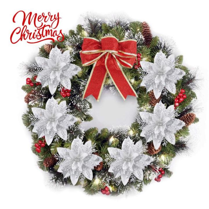 GL-Turelfies 12 STK. Glitzer Weihnachtsblumen (15cm/5,9'') mit 12 STK. Clips Künstliche Weihnachtsstern Blumen Weihnachtsbaum Blumenschmuck Weihnachtsbaum Ornamente (Silber)