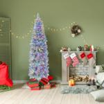 Kunstkerstboom, 180 cm, dennenboom met ledverlichting, slanke kerstboom met veelkleurige lichten, kunstboom met metalen standaard, voor Kerstmis, groen + wit