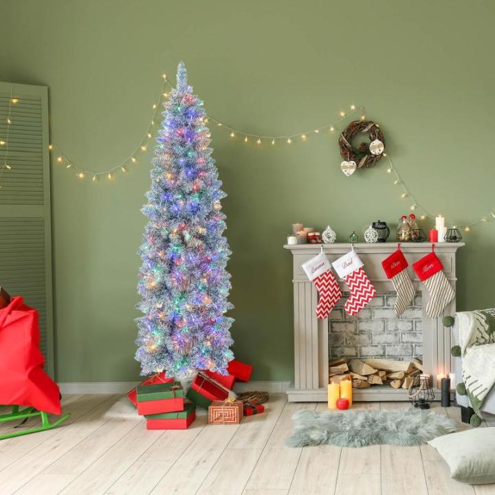 Kunstkerstboom, 180 cm, dennenboom met ledverlichting, slanke kerstboom met veelkleurige lichten, kunstboom met metalen standaard, voor Kerstmis, groen + wit