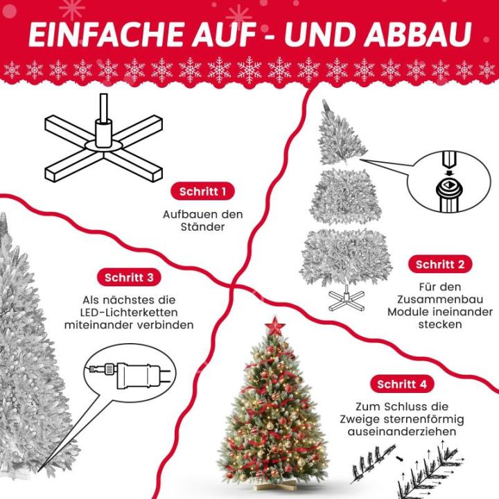 Wija Kerstboom met verlichting, kunstkerstboom met lichtketting, 350 warm wit, ledlicht, kunstsneeuwcoating, 850 takken en houten standaard, van PE-spuitgietwerk en pvc (H180)