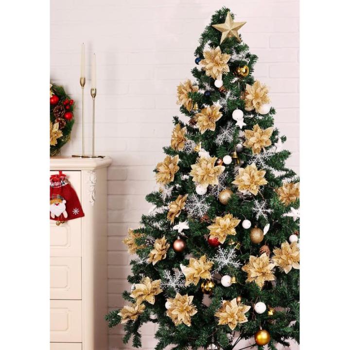 Kunstbloemen, 15 stuks, 14 cm, glitter, kerstbloemen met clips, stammen, kerstboom, ornamenten voor doe-het-zelf kransen, slinger, huis, feest, vakantie, decoratie, goud