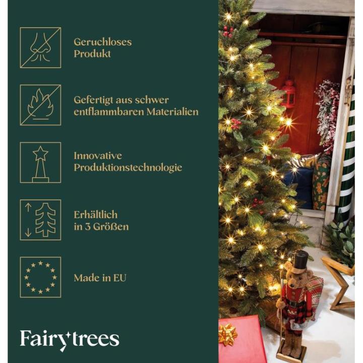Kunstkerstboom, 220 cm, met houten kerstboomstandaard, TÜV-gecertificeerd, testwinnaar dennenboom met bruine stam, made in EU