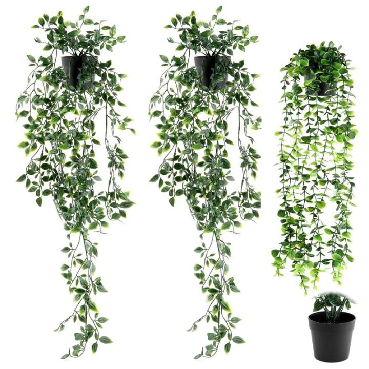 Kunstplant 3 stuks, , hangend met potten, , wijnstok, decoratie, woonkamer, hangend, plastic planten voor binnen en buiten, tuindecoratie (groen)