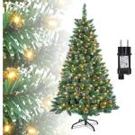 Kunstkerstboom met verlichting, groen, pvc, met sneeuweffect, met dennenappels, kerstdecoratie met metalen standaard, 210 cm
