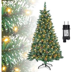 Kunstkerstboom met verlichting, groen, pvc, met sneeuweffect, met dennenappels, kerstdecoratie met metalen standaard, 210 cm
