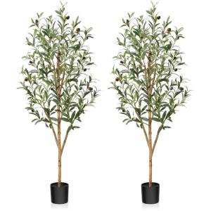 Kunstmatige olijfboom, 120 cm, grote kunstplant met natuurlijke houten stam en vruchten, kunstmatige olijfboom in pot, voor huis, slaapkamer, kantoor, tuin, decoratie (2 stuks)