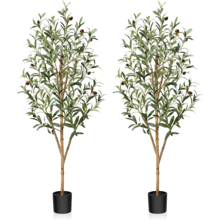 Kunstmatige olijfboom, 120 cm, grote kunstplant met natuurlijke houten stam en vruchten, kunstmatige olijfboom in pot, voor huis, slaapkamer, kantoor, tuin, decoratie (2 stuks)