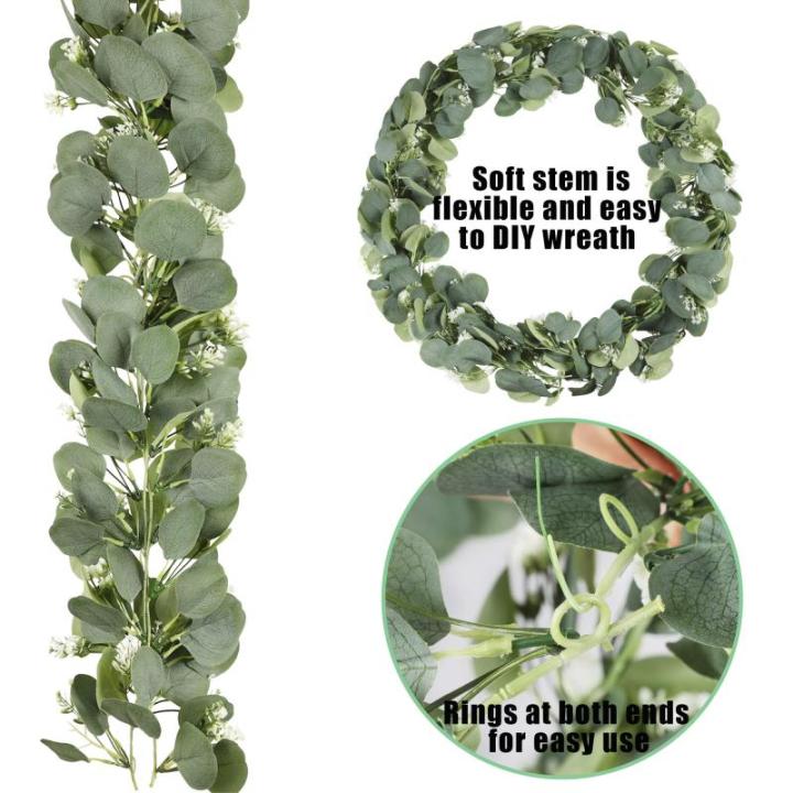 2 Pack Kunstmatige Eucalyptus Wijnstok met Baby's Adem Bloemen 6.2FT Nep Zijde Eucalyptus Bladeren Groene Slinger Opknoping Planten Wijnstok voor Bruiloft Achtergrond Boog Party Ta