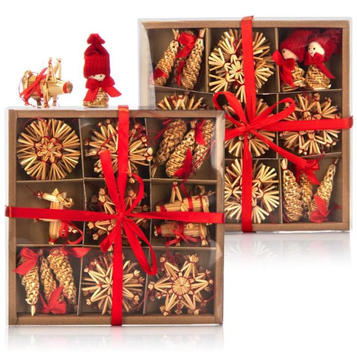 70-delige set kerstboomversieringen - Kerstboom van stro - kegels, elfjes, figuren en strosterren - Kerstdecoratie