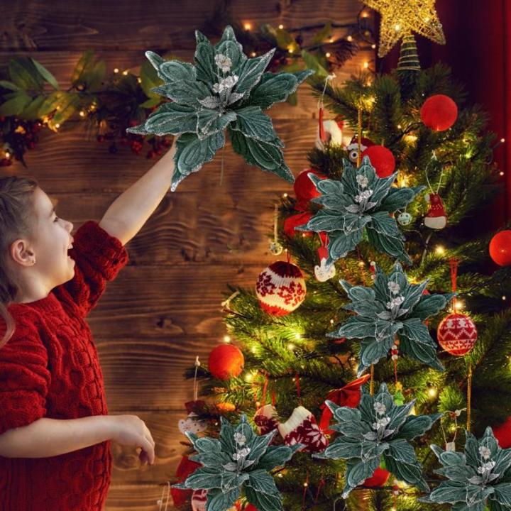 6pcs Poinsettia Blumen künstlich 11 Zoll lebensee Weihnachtsblumen weiche künstliche Blumen mit Glitzerpulver für Weihnachten Neujahrspartydekorationen, Grün, Weihnachtsblumen
