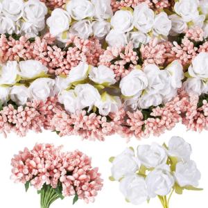 204 stuks kunstrozen, bloemen, kleine met valse rozenknop, melkwit, kunstrozen om te knutselen, met steel, , kleine stof, decoratieve bloemen, bruiloft, feest, bloemenboeket