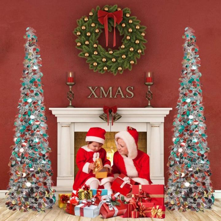 Kunstkerstboom met standaard, 1,5 m, opvouwbare pop-up kerstboom met pailletten voor Kerstmis, feestbenodigdheden, huisdecoratie, zilverkleurig