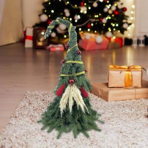 Mini-Weihnachts Baum, Mini-Kiefer mit Sternen, Elf Kleiner Weihnachts Baum mit Baumwoll Kugeln, Künstliche Miniatur-Kiefer mit Holz Basis, Weihnachts Mütze Geformter