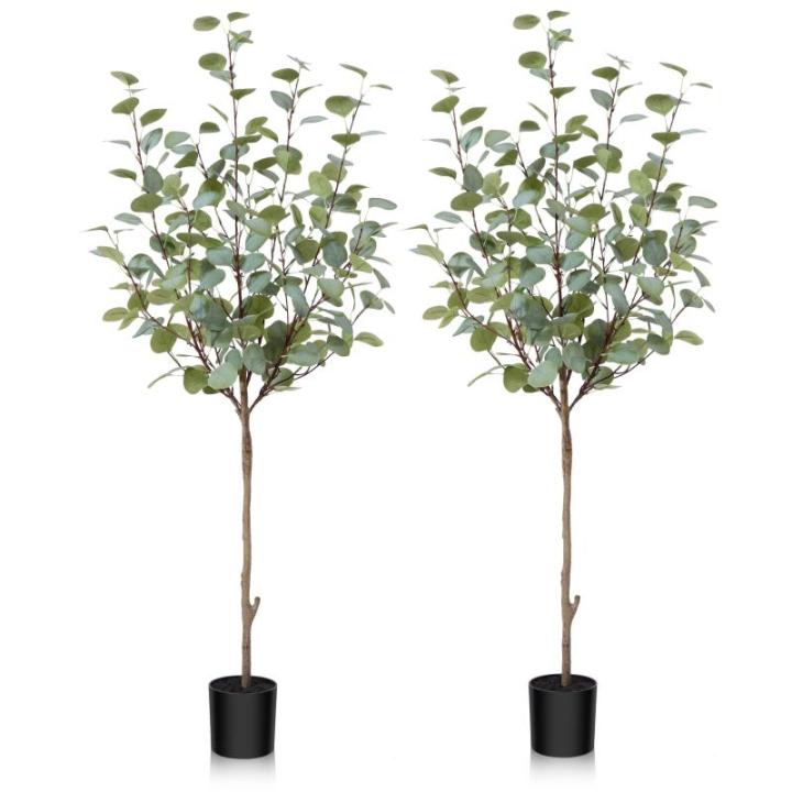 Eucalyptus Kunstplant, 120 cm, eucalyptus, decoratie voor binnen en buiten, moderne decoratie, , plastic planten in pot, voor thuis, slaapkamer, kantoor, tuin (2 stuks)