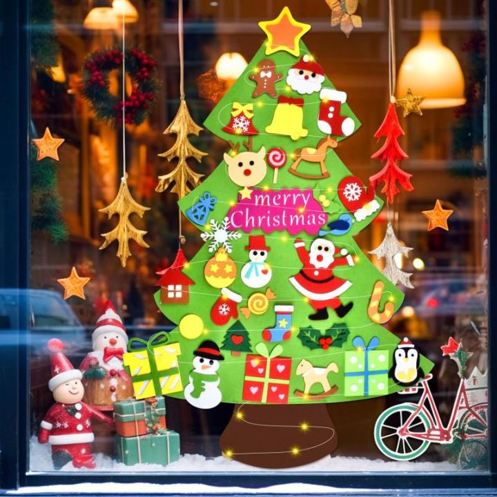 Vilten kerstboom voor kinderen, 3.3FT DIY muur opknoping kerstboom set, kinderen vilt kerstboom met 31 ornamenten en 5 m licht touw, ideaal voor thuis deur raam decoratie