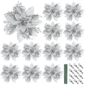 12 stuks glitter kerstster bloemen kerstbloemen met 12 stuks kunststof wortelstokken 12 stuks clips kunstglitter kerstboom bloemen voor kerstboom Nieuwjaar decoraties