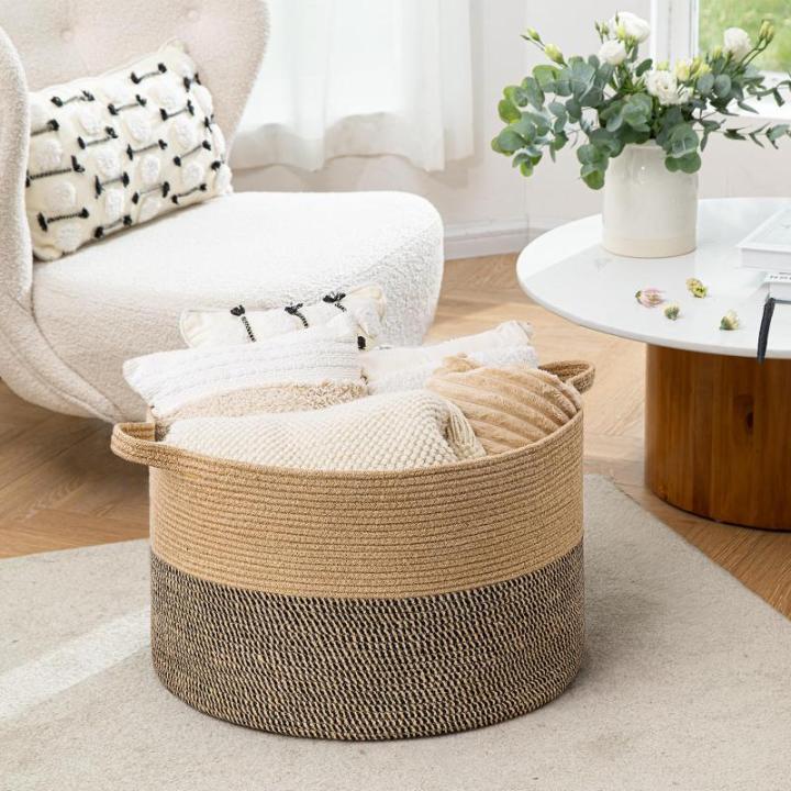 Dekenmand, grote manden voor opslag, speelgoedmanden opslag kinderen, 21,7 x 13,8 inch katoenen touwmand voor woonkamer, rieten manden om te organiseren, 90 l, zwart en jute
