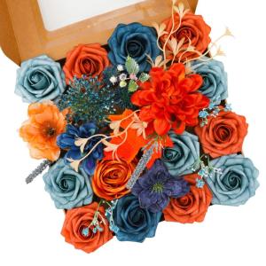 Künstliche Blumen Combo Orange Blumen Mix Seidenblumen Dahlie Rosen mit Stielen für DIY Hochzeit Brautsträuße, Babyparty, Blumenarrangement, Tischaufsätze, Heimdekorationen
