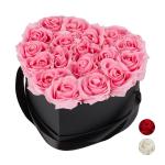Rozenbox hart, 18 rozen, stevige bloemenbox, zwart, 10 jaar houdbaar, cadeau-idee, decoratieve bloemenbox, roze, 13 x 21 x 19 cm