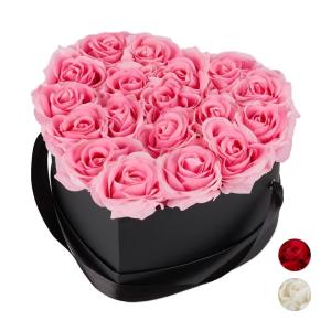 Rozenbox hart, 18 rozen, stevige bloemenbox, zwart, 10 jaar houdbaar, cadeau-idee, decoratieve bloemenbox, roze, 13 x 21 x 19 cm