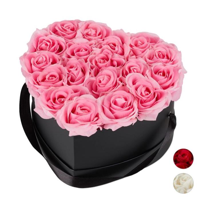 Rozenbox hart, 18 rozen, stevige bloemenbox, zwart, 10 jaar houdbaar, cadeau-idee, decoratieve bloemenbox, roze, 13 x 21 x 19 cm