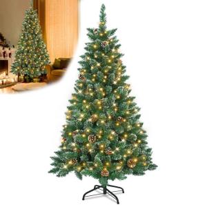 Kunstkerstboom met verlichting, groen, pvc, met sneeuweffect en dennenappels, led-pvc, decoratieve boom met standaard, kerstdecoratie voor kerstdecoratie