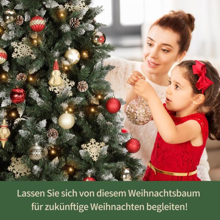 Nordmann Kunstkerstboom met sneeuweffect, kunstkerstboom met handgemaakte houten standaard, sneeuw, 28 dennenappels en 676 punten, eenvoudig te monteren