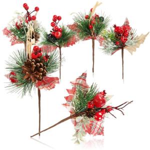 6 x decoratieve takken, decoratieve bloementakken om op te hangen, decoratieve takken als knutselbenodigdheden, verfraait geschenken en potpourris (6 stuks, rood geruit)