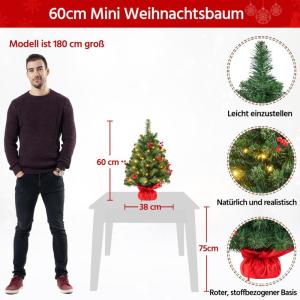 50 cm mini-kunstkerstboom met 35 warmwitte ledlampen en 40 rode bessen, kleine kerstboom, tafel, dennenboom voor kerstdecoratie, groen