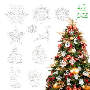 Kerstboomdecoratie Sprankelende sneeuwvlokornamenten, 42 stuks hangende kerstsneeuwvlokdecoraties met touwtje glitter kerstboomornamenten voor wintervakantie kerstversiering binnen