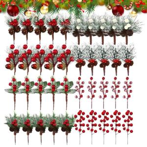40pcs Kranzzubehör Set mit 8 -Stil -Plastik Realistischer künstlicher Holly Beeren Kiefernkegel DIY Weihnachtsdekor für Weihnachtskranz und Herzstück, Kranzzubehör Machen Vorr