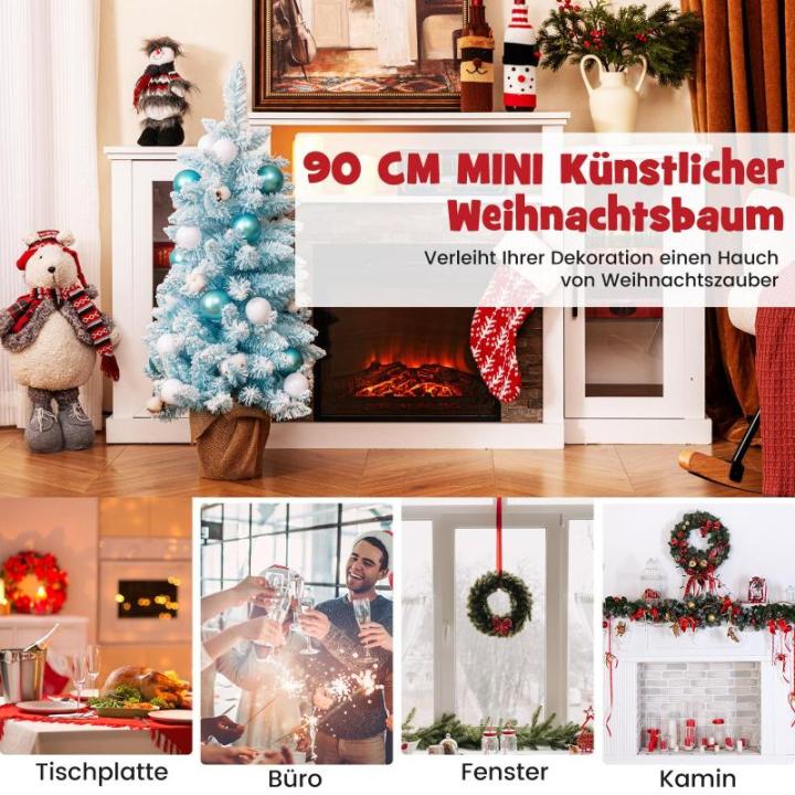 90 cm Mini künstlicher Weihnachtsbaum, Tannenbaum klein mit Schnee & Zementbasis, Chirstbaum mit 136 Spitzen, 12 Wattekugeln & 24 Weihnachtskugeln, Kunstbaum Dekobaum für Zuhause