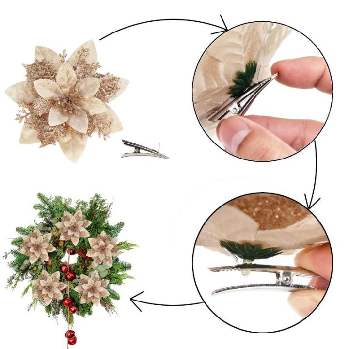 Poinsettia kerstster met glitters, 20 stuks, kerstbloemen, glinsterend voor kerstboomdecoraties (champagne)