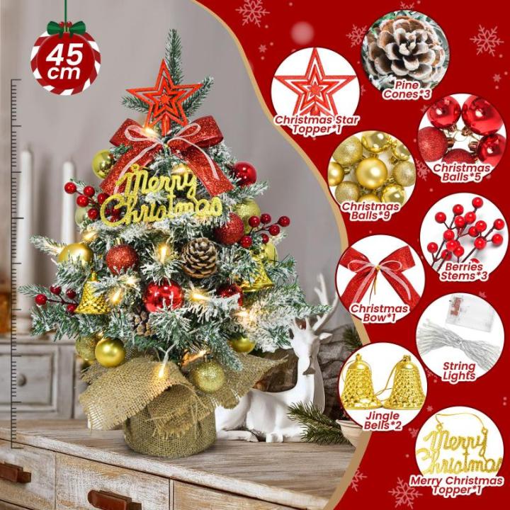 Mini-kerstboom met led, 45 cm kleine kerstboom, versierd met kunstsneeuw en ornamenten, mini-dennenboom voor kerstdecoratie (rood, zilver, goud)