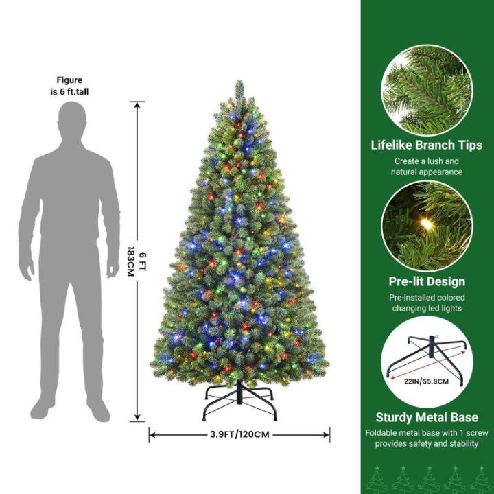 Kunstkerstboom, 180 cm, met verlichting, 330 warmwitte en meerkleurige lampen, 8 transformatiemodi, 1018 takken en opvouwbare metalen standaard