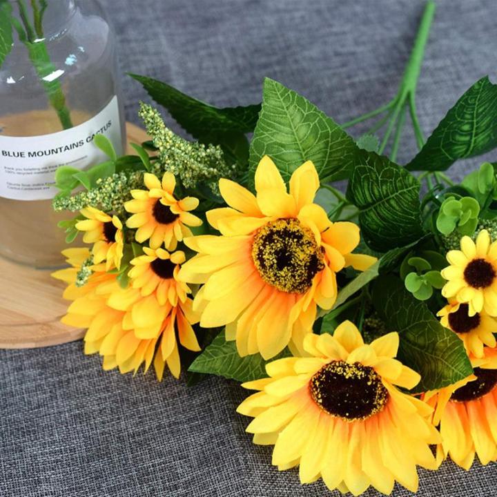 2 trossen kunstzonnebloem boeket, nep zijden zonnebloem bloemen, realistische planten voor huwelijksfeest, jubileum, thuiskantoor, tafeldecoratie (kort)