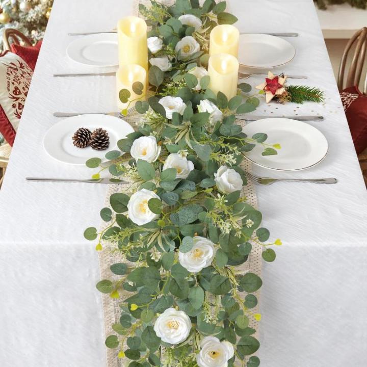 2 stuks bloemenkrans, witte zijden rozenslinger, hangende klimop, slinger, kunstmatige eucalyptusslinger, lentedecoratie, plant voor achtergrond, tafel, bruiloft, feest, decoratie