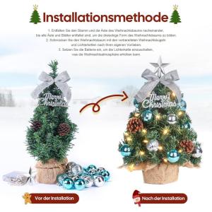 Mini-kerstboom Kleine kerstboom met verlichting, led, tafelkerstboom, klein, kunstmatig versierd, voor kerstdecoratie, 40 cm (blauw met zilver)