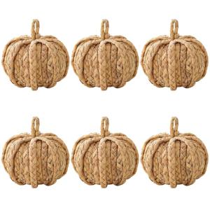 Rattan Pumpkin 6pcs rustikaler 3,9 Zoll gewebter Kürbis Künstliche Kürbisse mit hängenden Loch DIY Dekorative Mini -Kürbisse für den, Thanksgiving, Halloween Home Decor