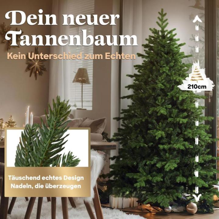 Kunstkerstboom, 210 cm, inclusief metalen standaard, natuurgetrouw met dichte takken, kunstkerstboom voor binnen en buiten, kunstkerstboom