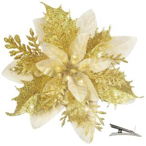20 Stück Weihnachten Glitzer Weihnachtsstern Blumen mit Clips, Poinsettia Weihnachtsblume Glitzernde für Weihnachtsbaum Dekorationen (Gold)