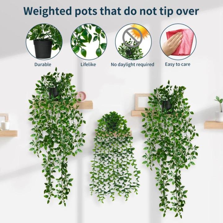 Hangende kunstplant in pot, 3 stuks hangplanten, , wijnstok, eucalyptus, tot 80 cm lang, plastic planten, decoratie, groene planten voor binnen en buiten, keuken, kamer, muur,