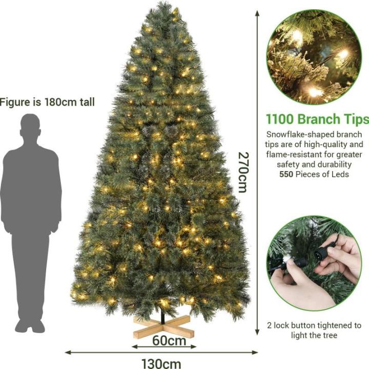Nordmanntanne Kunstkerstboom, Levensechte Voorbehandelde Dennennaalden, Kerstboom met Handgemaakte Houten Standaard, Vakantie Decoratie voor Thuis en Winkel, 550 Warm Witte Lampjes