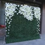 Weiße 3D-Simulation Rose Green Grass Bottom Cloth Flower Wall ， Hochzeitsdekoration Für Fotohintergrund Home Party Wedding Backdrop(3 * 3m/9.8 * 9.8ft)