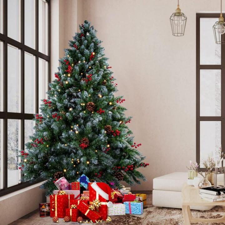 Kerstboom van 1,8 m met verlichting, dennenappels en bessen, PVC kunstkerstboom met sneeuw stroomde tips, kerstdecoratie kerst voor binnen en buiten