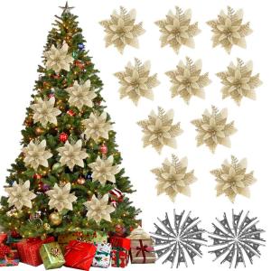 20 Stück Weihnachtsbaum Blumen Dekorationen mit Clips, Weihnachten Glitter Weihnachtsstern Blume, 14.5cm Gold Weihnachtsbaum Dekoration Blumen für Xmas Kranz Baum Dekor