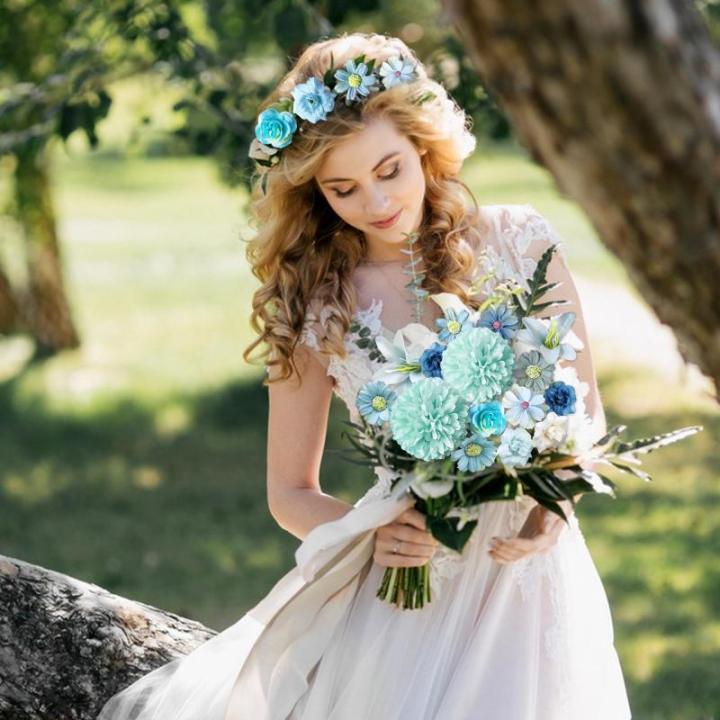 34 stuks om te knutselen, blauw, kleine bloemkoppen, 4 ~ 7 cm, mini , bloemhoofdjes, decoratie, zijden bloemen, , bloemendecoratie, rozen, hortensia's voor