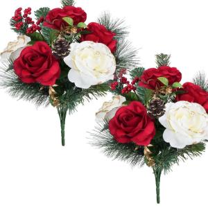 Künstliche Blumen, 2 Bündel, Weihnachtsrosensträuße, Seidenrosen mit Beeren, Tannenzapfen, Winterblumenarrangements für Zuhause, Tischdekoration, Innen- und Außenbereich, Wei