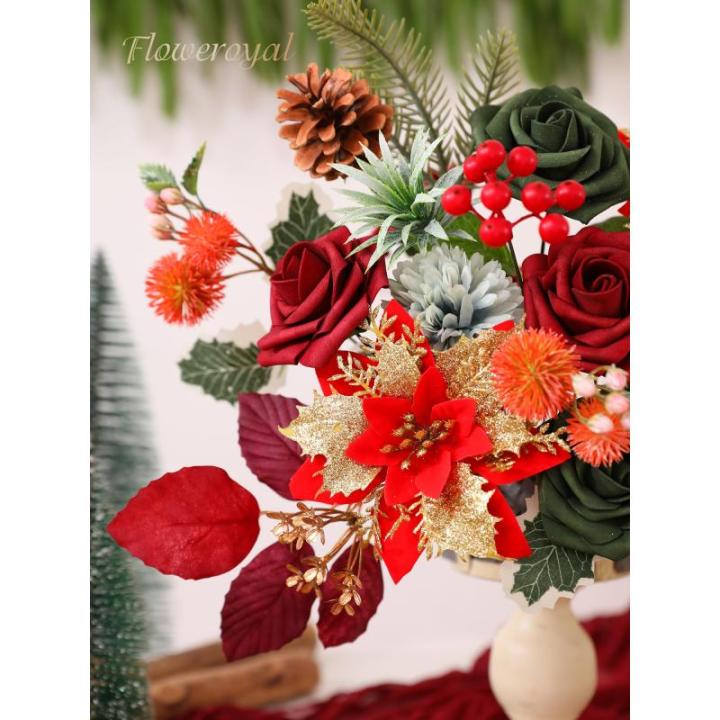 Künstliche Weihnachtsstern, rote Blumen, Seidenblumen, künstliche Rosen mit Stielen für Hochzeit, Brautsträuße, Tischdekoration, Heim-Weihnachtsdekorationen